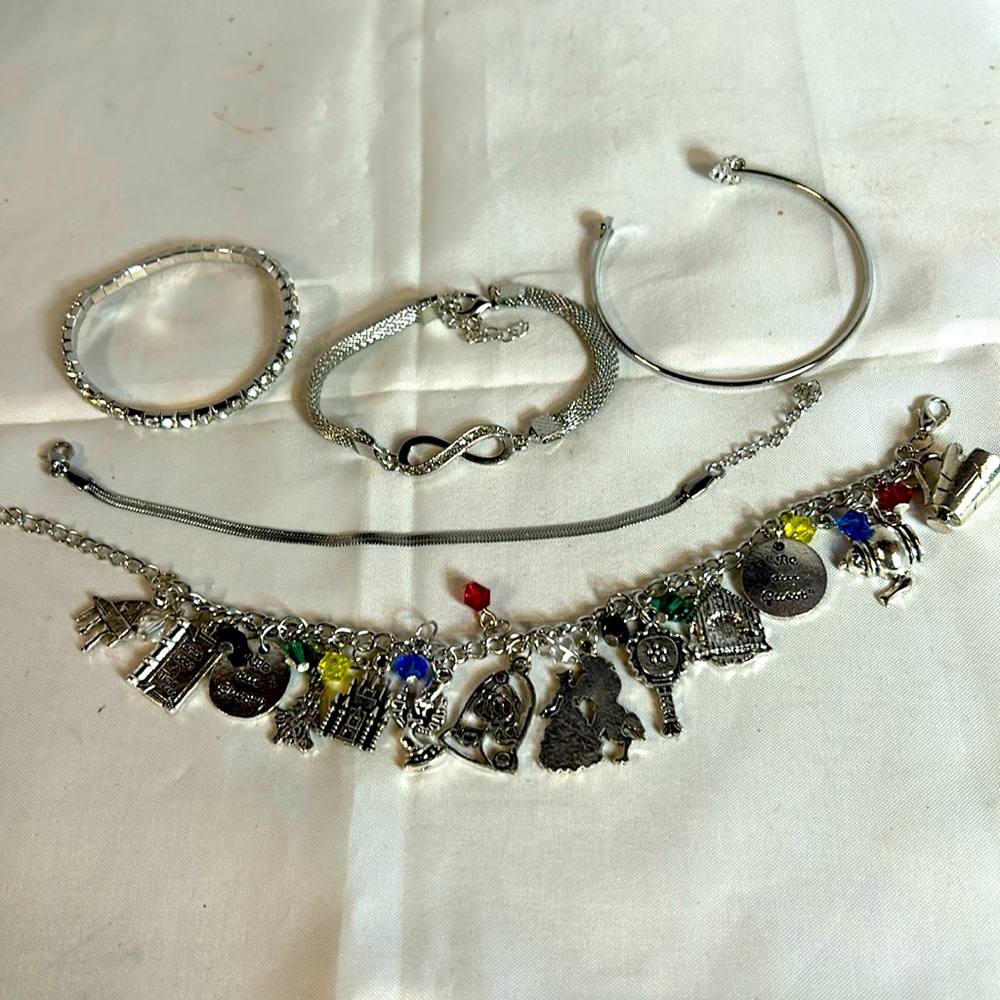 Beauty & The Beast- 9” Disney PLUS 4 Bracelets. Rhinestone, Snake Chain. NWT